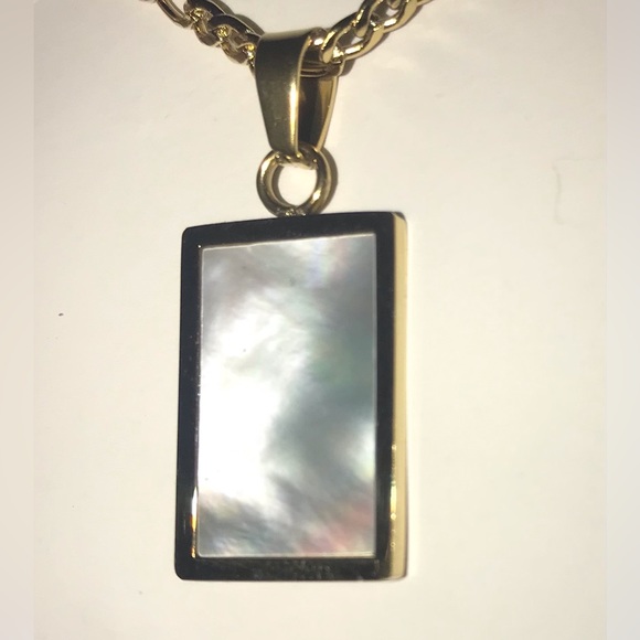 Mother Pearl Rectangle Iridescent Shell Gold Stainless Steel Geometric Necklace - Picture 11 of 17